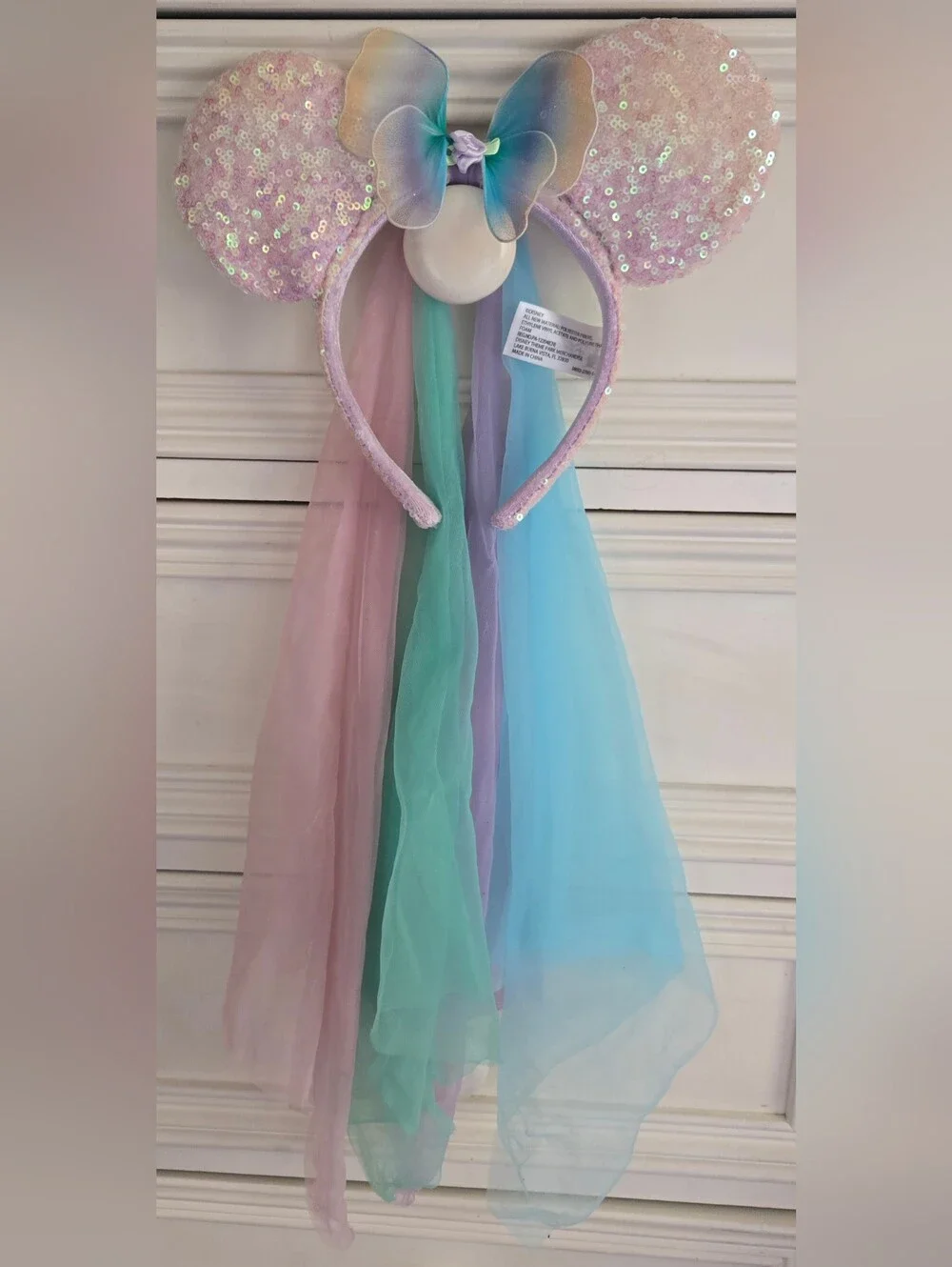 Disney Parks Sequin Minnie Ears Headband with Pastel Rainbow Tulle Streamers